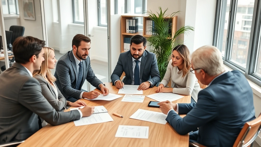 Diverse group of professionals in business meeting around conference table discussing legal documents and contracts, collaborative atmosphere, modern office setting, natural light