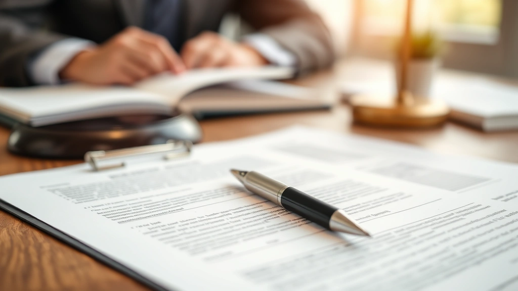 Close-up of legal documents and notepad with pen on wooden desk, blurred background of office environment, professional presentation, emphasis on documentation and legal work