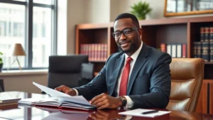 Professional diverse male labor attorney in business suit reviewing employment contract documents at mahogany desk in modern law office, confident expression, natural window lighting, photorealistic