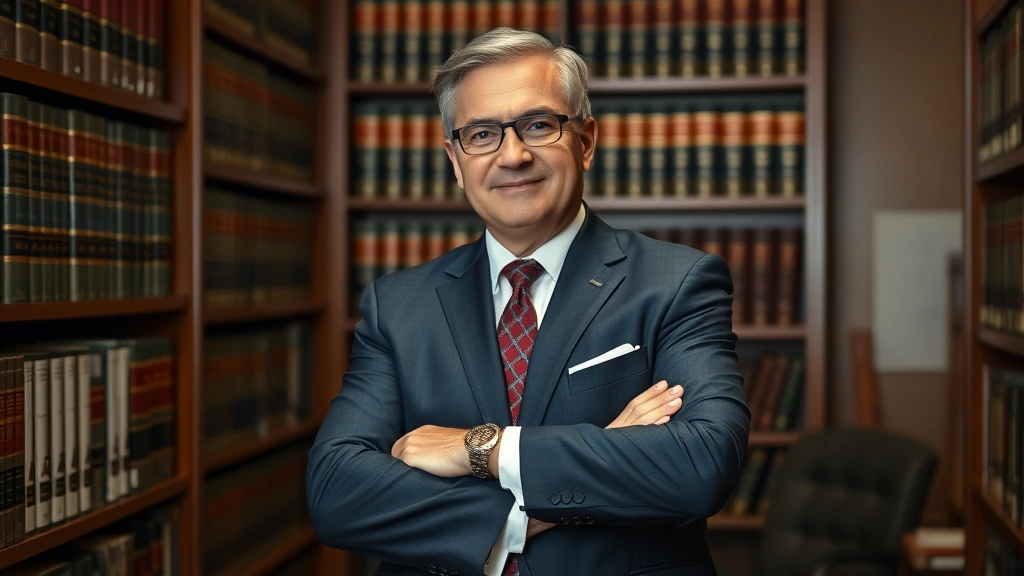 Mature experienced labor law attorney standing in law office library surrounded by legal books and case files, arms crossed professionally, confident demeanor, warm professional lighting, photorealistic