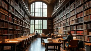 Professional law library with leather-bound books and wooden study tables, natural lighting from tall windows, modern law school interior design, students studying at desks