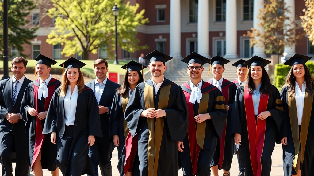 Diverse group of law school graduates in academic regalia walking across university campus grounds, professional outdoor setting, sunny day, confident expressions, representing legal education achievement