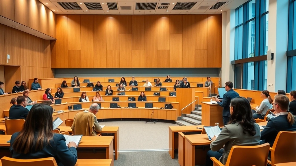 Modern law school classroom with tiered seating, professor teaching at podium, students taking notes, professional legal education environment, contemporary educational setting
