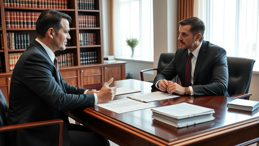Professional legal consultation meeting with adult attorney discussing serious case matters with documents on mahogany desk in modern law office with bookshelves