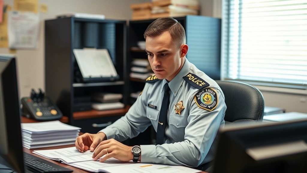 Law enforcement officer in professional uniform reviewing investigative case files and evidence documentation at desk in investigation division office