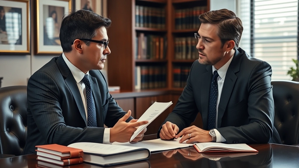 Serious legal consultation scene showing attorney and client discussing court strategy with law books and case files visible on desk in professional office environment