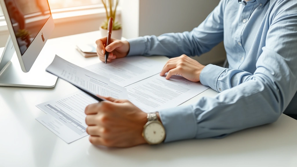 Professional real estate agent reviewing property documents and lease agreements at modern office desk with computer, legal paperwork, and pen visible