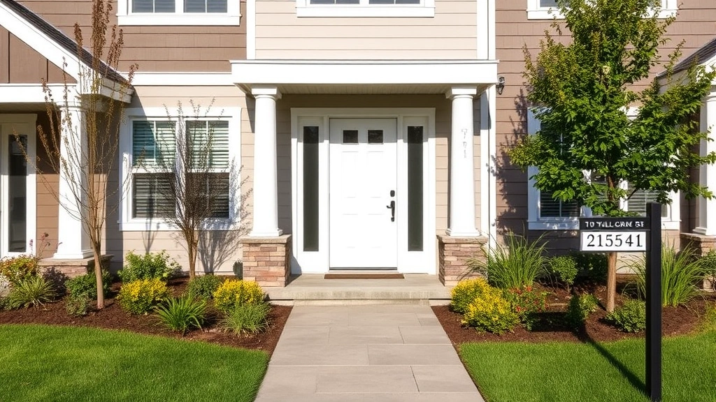 Modern residential property exterior with well-maintained front entrance, welcoming landscaping, and clear address markers in daylight setting