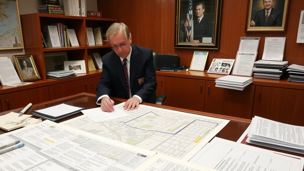 City planning official reviewing zoning maps and municipal regulations at government office desk with documents and planning materials