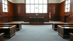 Professional courtroom scene with judge's bench, empty courtroom during daytime, natural lighting from windows, emphasizing legal authority and fairness