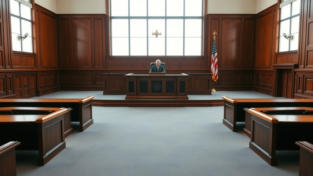 Professional courtroom scene with judge's bench, empty courtroom during daytime, natural lighting from windows, emphasizing legal authority and fairness