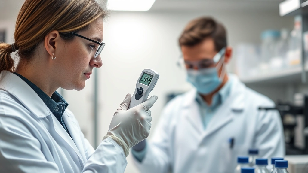 Professional forensic scientist in laboratory coat carefully measuring temperature of evidence with digital thermometer, modern forensic lab with scientific equipment, focused concentration, neutral lighting, close-up of measurement process