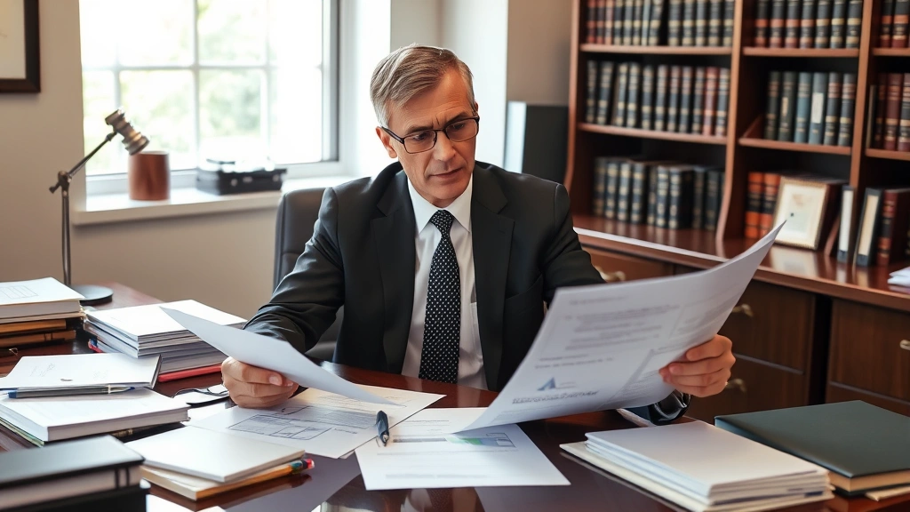 Defense attorney in business suit reviewing expert reports and scientific documents at desk in law office, surrounded by case files and legal materials, professional office environment, serious analytical expression, natural lighting from window