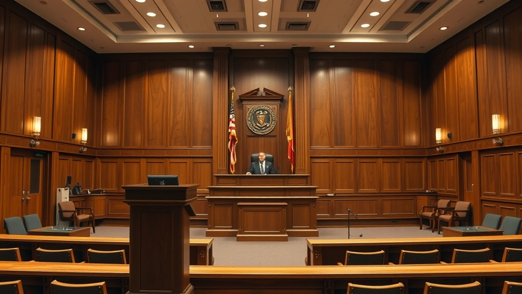 Criminal courtroom interior with expert witness stand, judge's bench, and professional legal setting, empty courtroom showing formal judicial environment, professional courtroom lighting, emphasizing authority and legal process