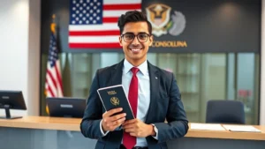 Professional diverse visa applicant in business attire at a modern US embassy consulate desk with American flag background, holding completed visa application forms and passport, looking confident and prepared