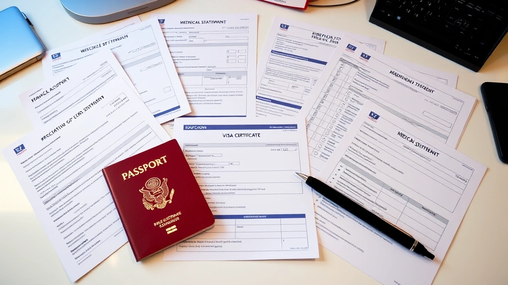 Organized documentation spread including passport, birth certificate, employment letters, financial statements, and medical forms neatly arranged on a clean desk with professional lighting, showing meticulous visa application preparation