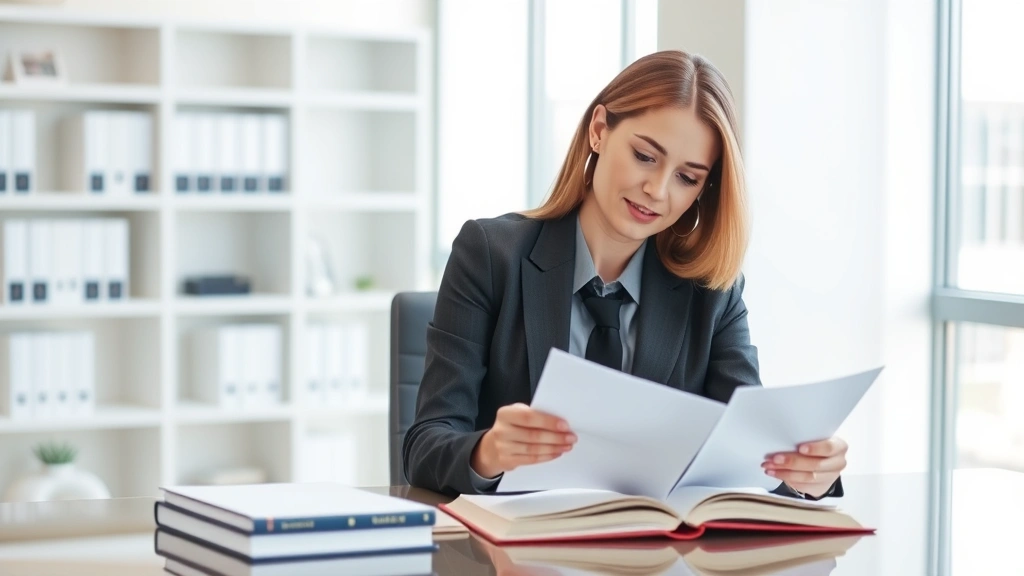 Professional female lawyer in business attire reviewing legal documents at modern office desk with law books, confident expression, natural lighting from window