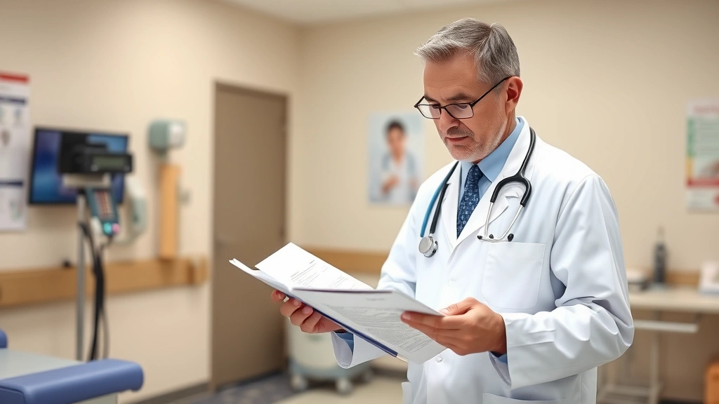 Healthcare provider in white coat reviewing medical charts in clinical setting, focused on patient care documentation, professional medical environment