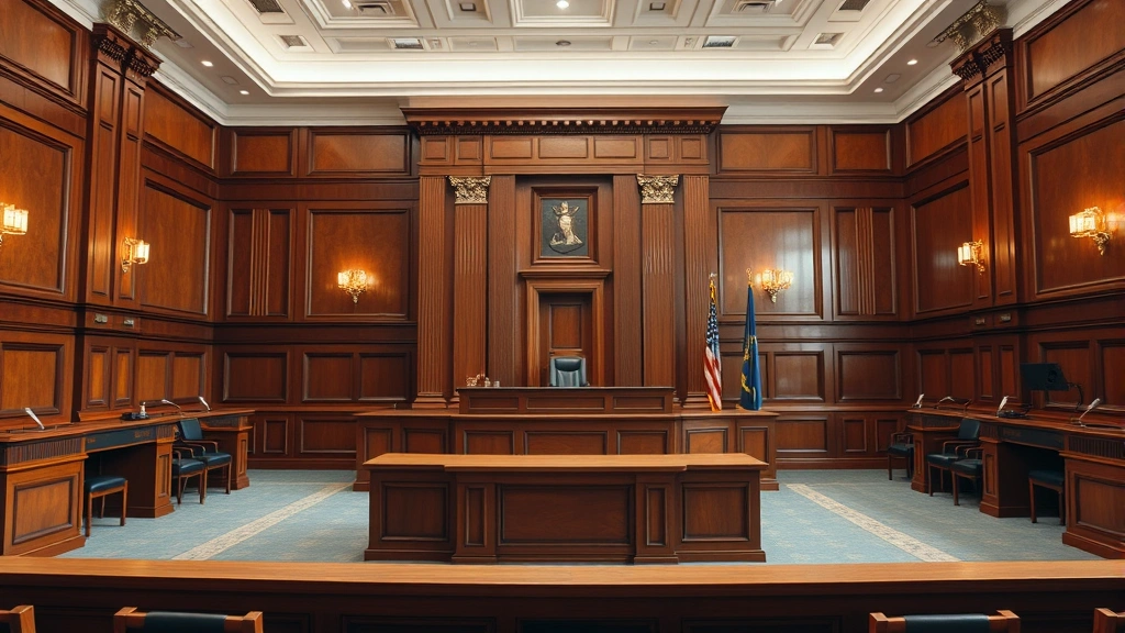Courthouse interior with judge's bench and legal proceedings setup, professional legal environment, empty courtroom showing judicial authority and formal legal setting