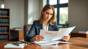 Professional female attorney in business suit reviewing divorce documents at wooden desk in modern law office, natural window lighting, serious focused expression, legal papers and folders visible