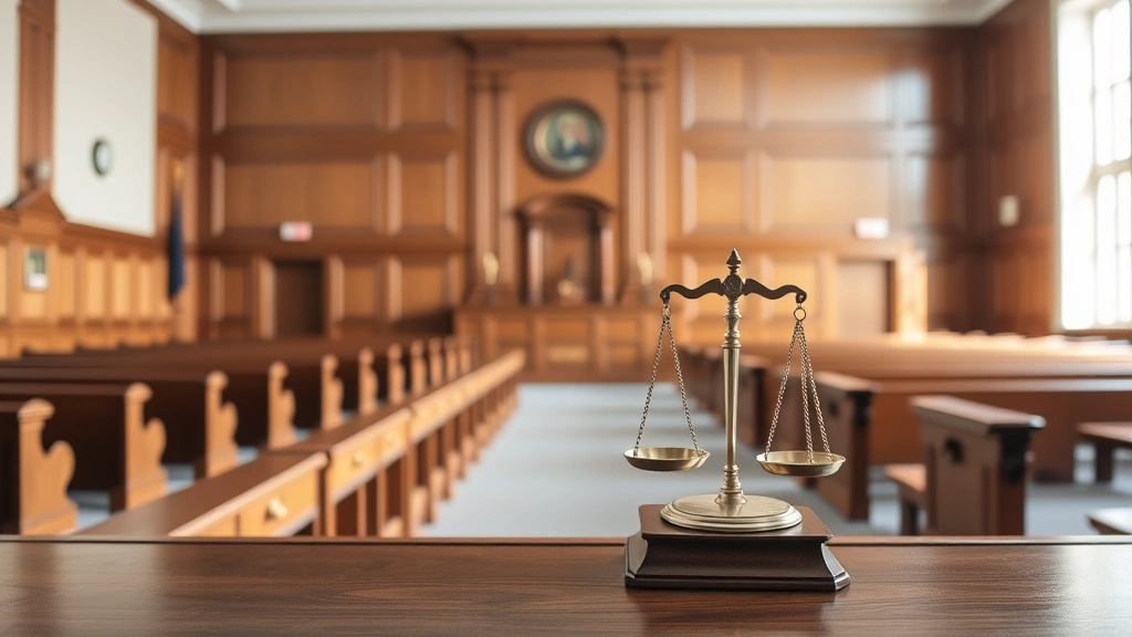 Family law courthouse interior with wooden bench seating, judicial scales on desk, professional legal environment, nobody present, natural courtroom lighting