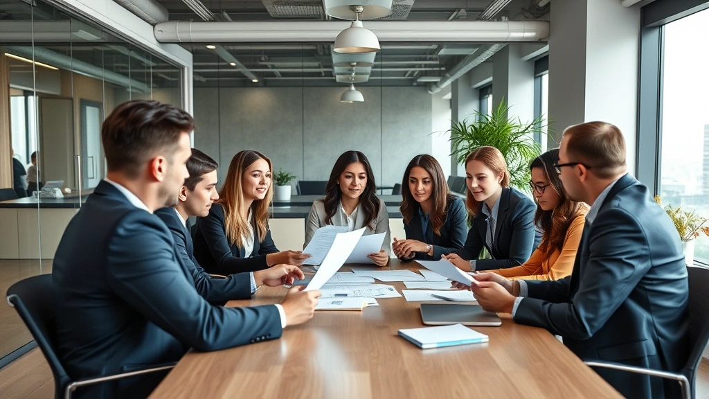 Diverse group of professionals in business attire during workplace meeting in conference room, discussing documents, collaborative environment, modern office setting with natural light