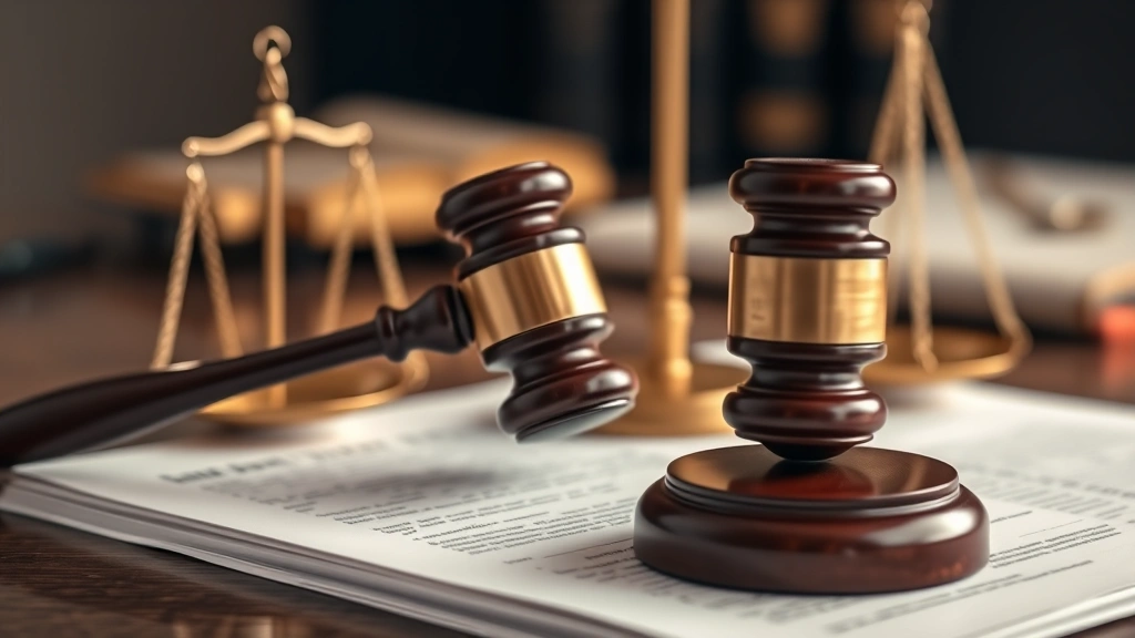 Close-up of gavel on legal documents with scales of justice in soft focus background, professional legal setting, professional photography style, warm neutral tones