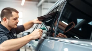 Professional automotive window tinting application in progress, technician carefully applying dark tint film to vehicle side window using squeegee tool, natural lighting in modern shop