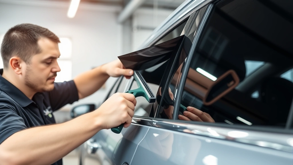 Professional automotive window tinting application in progress, technician carefully applying dark tint film to vehicle side window using squeegee tool, natural lighting in modern shop