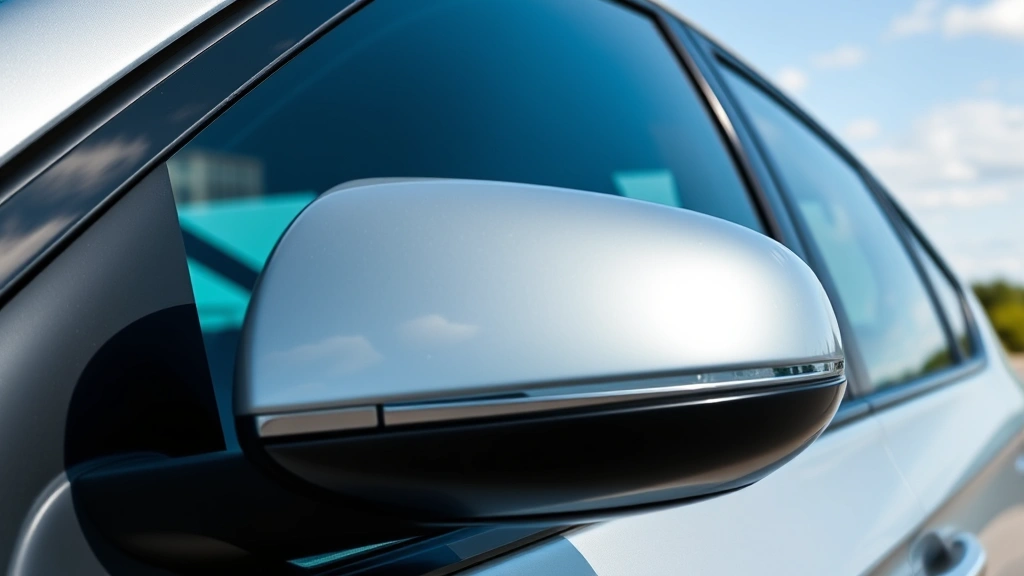 Close-up of vehicle side mirror and tinted windows showing proper light transmittance, modern sedan parked outdoors, clear sky background, demonstrating compliant window tint appearance