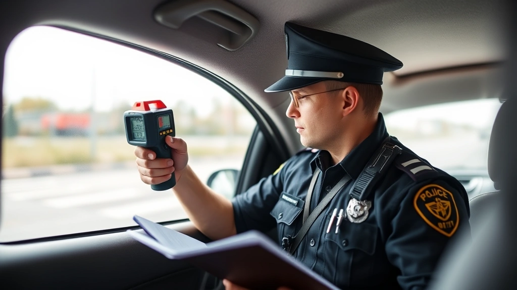 Law enforcement officer using light transmittance measuring device on vehicle window during inspection, professional equipment and clipboard visible, focused on technical compliance verification