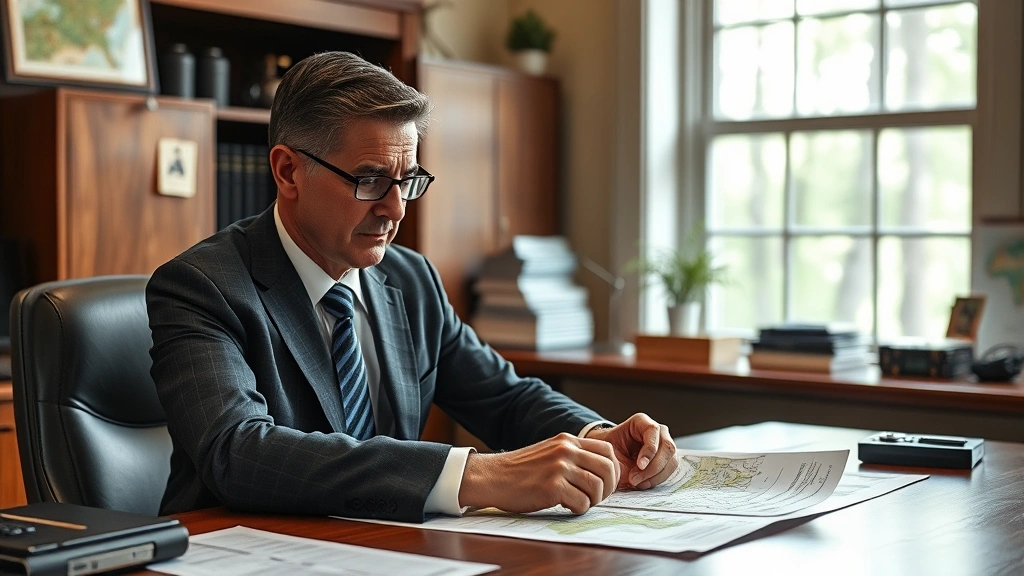 Professional forest lawyer in business attire reviewing land survey documents at wooden desk with topographic maps, serious focused expression, natural window lighting, realistic office environment