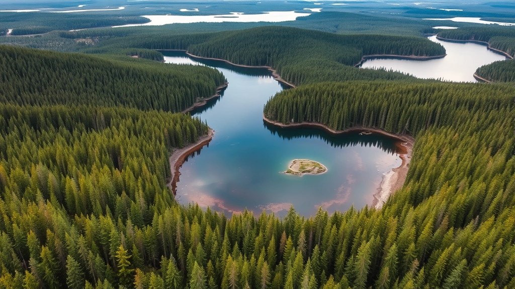 Aerial view of pristine northern forest landscape with lakes and rivers, dense evergreen trees, clear water reflections, untouched wilderness aesthetic, professional nature photography quality