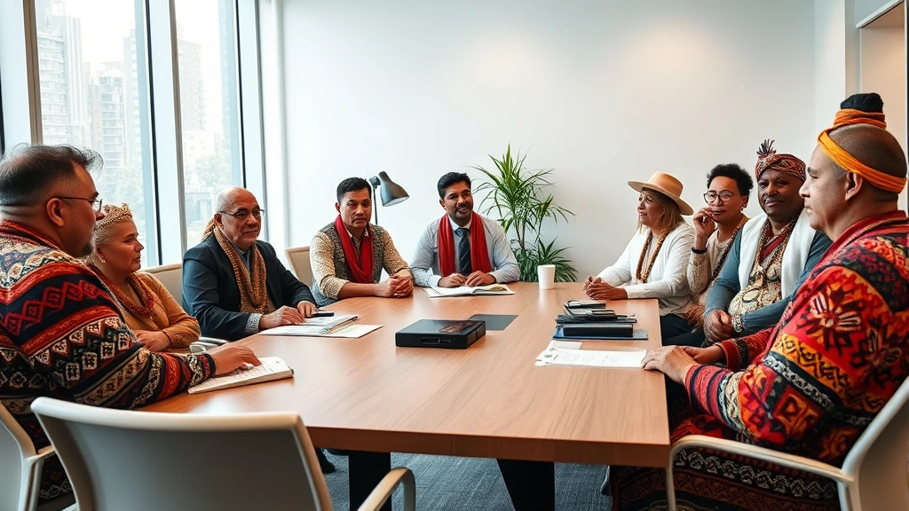 Indigenous tribal council members in modern office setting discussing land rights and conservation strategy around conference table, diverse group, professional attire, collaborative atmosphere