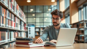Professional photograph of a law student studying in a modern library with natural light, focused expression, surrounded by law books and laptop, no signage visible