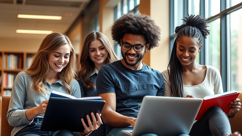 Professional photograph of diverse college students studying together in a modern university library with natural light, focused expressions, laptops and textbooks visible, representing collaborative academic environment