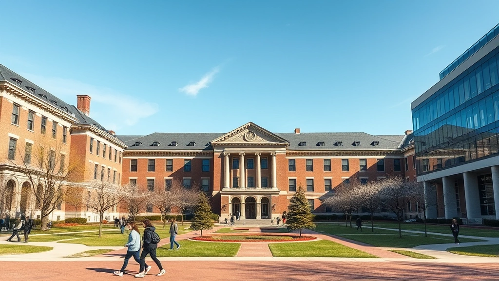 Wide shot of a university campus quad with students walking between historic and modern buildings, spring day with clear sky, representing Ohio higher education institutions and student mobility