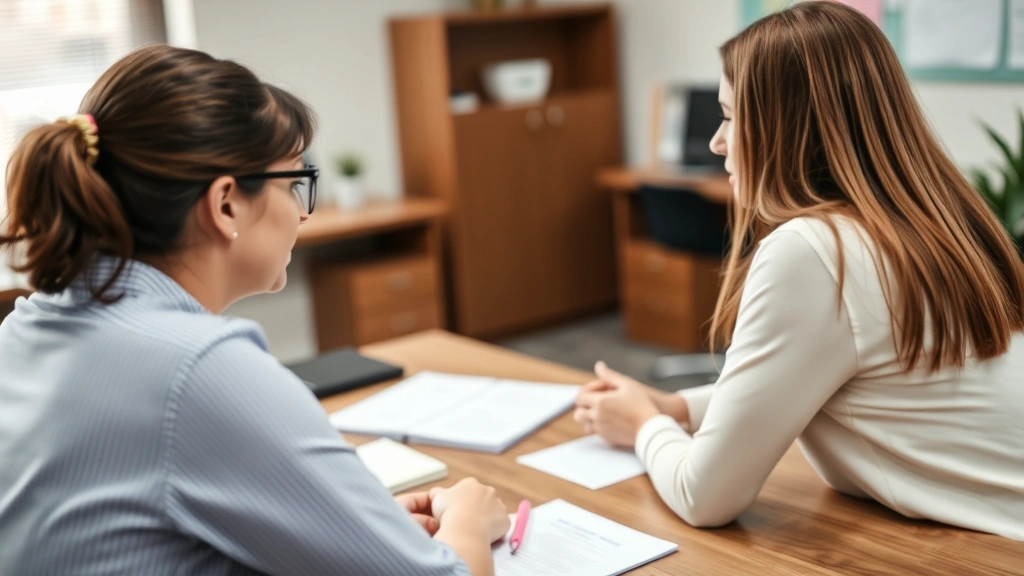 Close-up of a student meeting with a university advisor or counselor in a professional office setting, both individuals engaged in discussion, documents on desk, representing student support services and institutional guidance