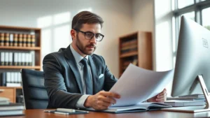 Professional attorney in modern law office reviewing documents at desk with computer, natural lighting, focused expression, wearing business attire, organized workspace with law books