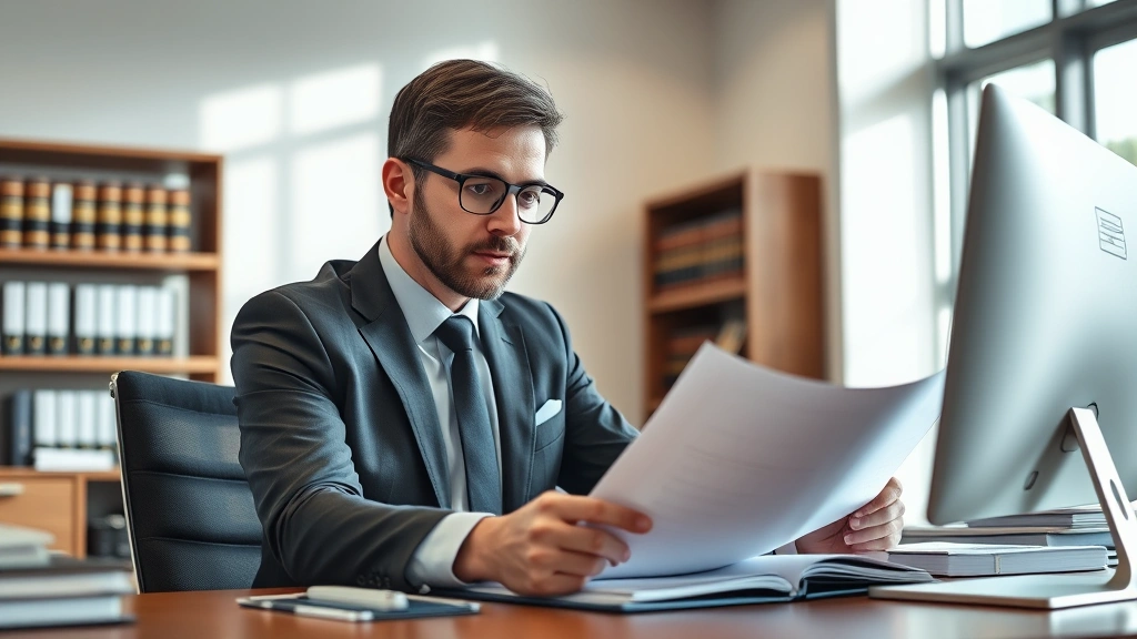 Professional attorney in modern law office reviewing documents at desk with computer, natural lighting, focused expression, wearing business attire, organized workspace with law books
