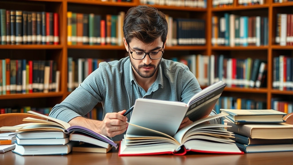 Law student studying with textbooks and notes at library table, concentrated expression, natural study environment, multiple legal reference materials, professional educational setting