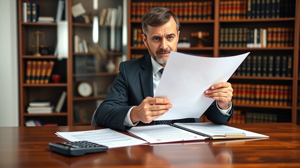 Professional attorney in business suit reviewing contract documents at wooden desk with legal papers and calculator, serious focused expression, modern law office background with bookshelves