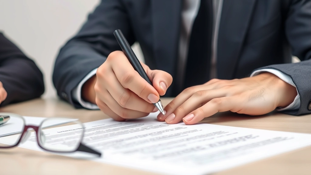 Close-up of businessman's hand signing contract with pen while other person points to specific clause, neutral background, professional attire, document on table with glasses