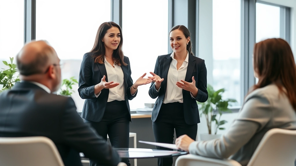 Female lawyer standing in modern office gesturing while discussing contract terms with seated client, professional business casual attire, law office setting with windows