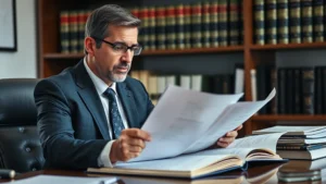 Professional attorney in law office reviewing legal documents at desk, focused expression, law books visible in background, natural office lighting