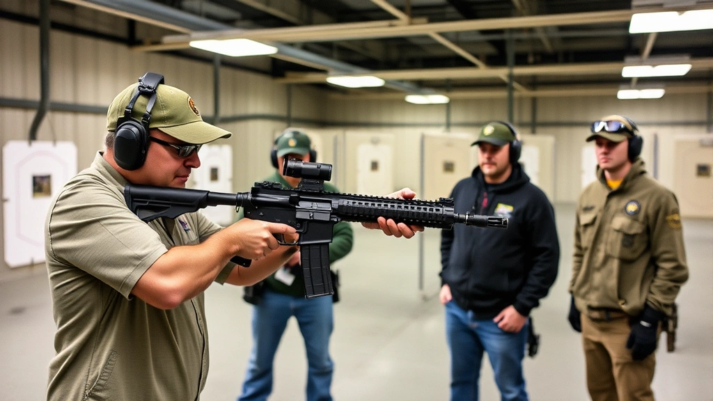 Gun safety instructor demonstrating proper firearm handling with semi-automatic rifle at indoor range, students observing, protective equipment worn, professional training environment