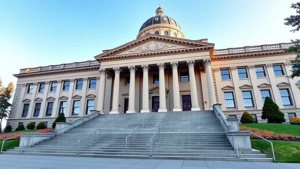 Oregon state capitol building exterior with courthouse steps, authoritative government architecture, clear daylight, official government setting