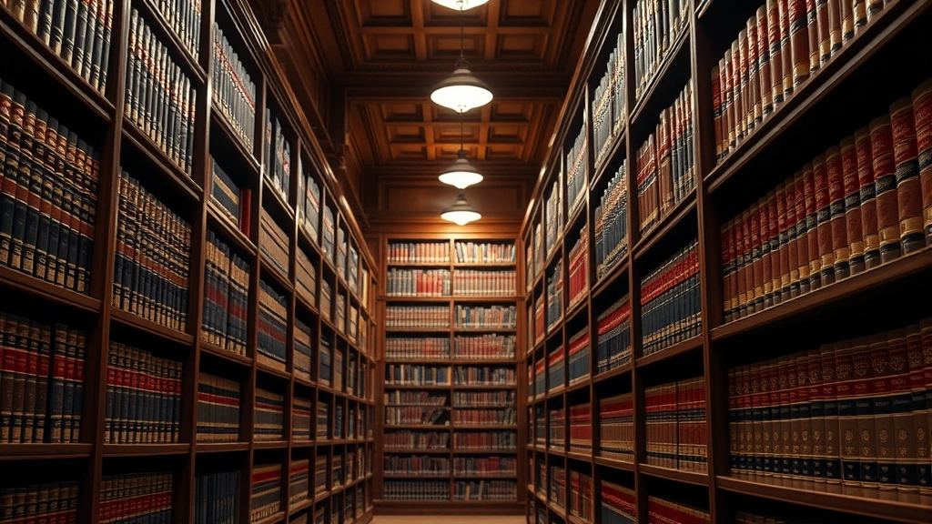 Professional law library interior with mahogany shelves, leather-bound law books, and warm lighting, emphasizing academic heritage and legal scholarship tradition