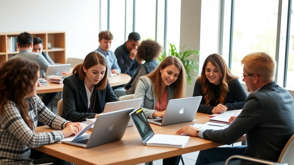 Diverse group of law students studying together in modern classroom setting with natural light, laptops, and collaborative workspace, representing contemporary legal education