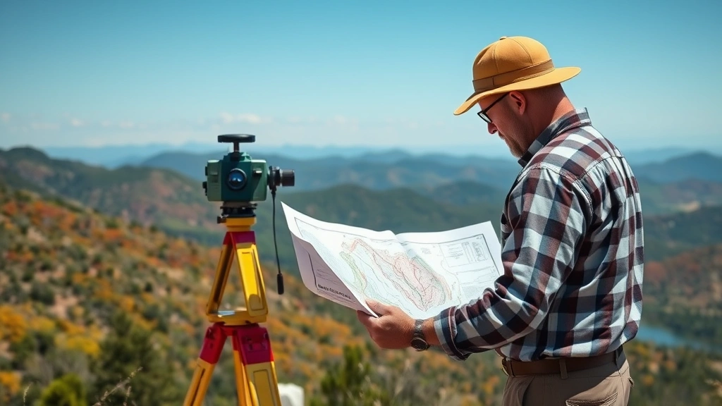 Professional surveyor examining topographic map of mountainous Ozark terrain with surveying equipment, outdoors in natural landscape